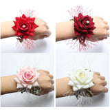 Maxbell Wrist Corsage Braided Leaves Bridal Bracelet Wedding Hand Flower Red