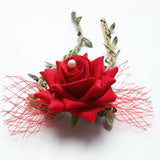 Maxbell Wrist Corsage Braided Leaves Bridal Bracelet Wedding Hand Flower Red