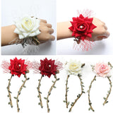 Maxbell Wrist Corsage Braided Leaves Bridal Bracelet Wedding Hand Flower Red