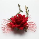 Maxbell Wrist Corsage Braided Leaves Bridal Bracelet Wedding Hand Flower Red