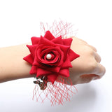 Maxbell Wrist Corsage Braided Leaves Bridal Bracelet Wedding Hand Flower Red