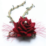 Maxbell Wrist Corsage Braided Leaves Bridal Bracelet Wedding Hand Flower Wine Red