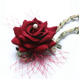 Maxbell Wrist Corsage Braided Leaves Bridal Bracelet Wedding Hand Flower Wine Red