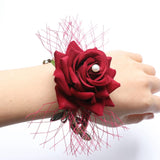 Maxbell Wrist Corsage Braided Leaves Bridal Bracelet Wedding Hand Flower Wine Red