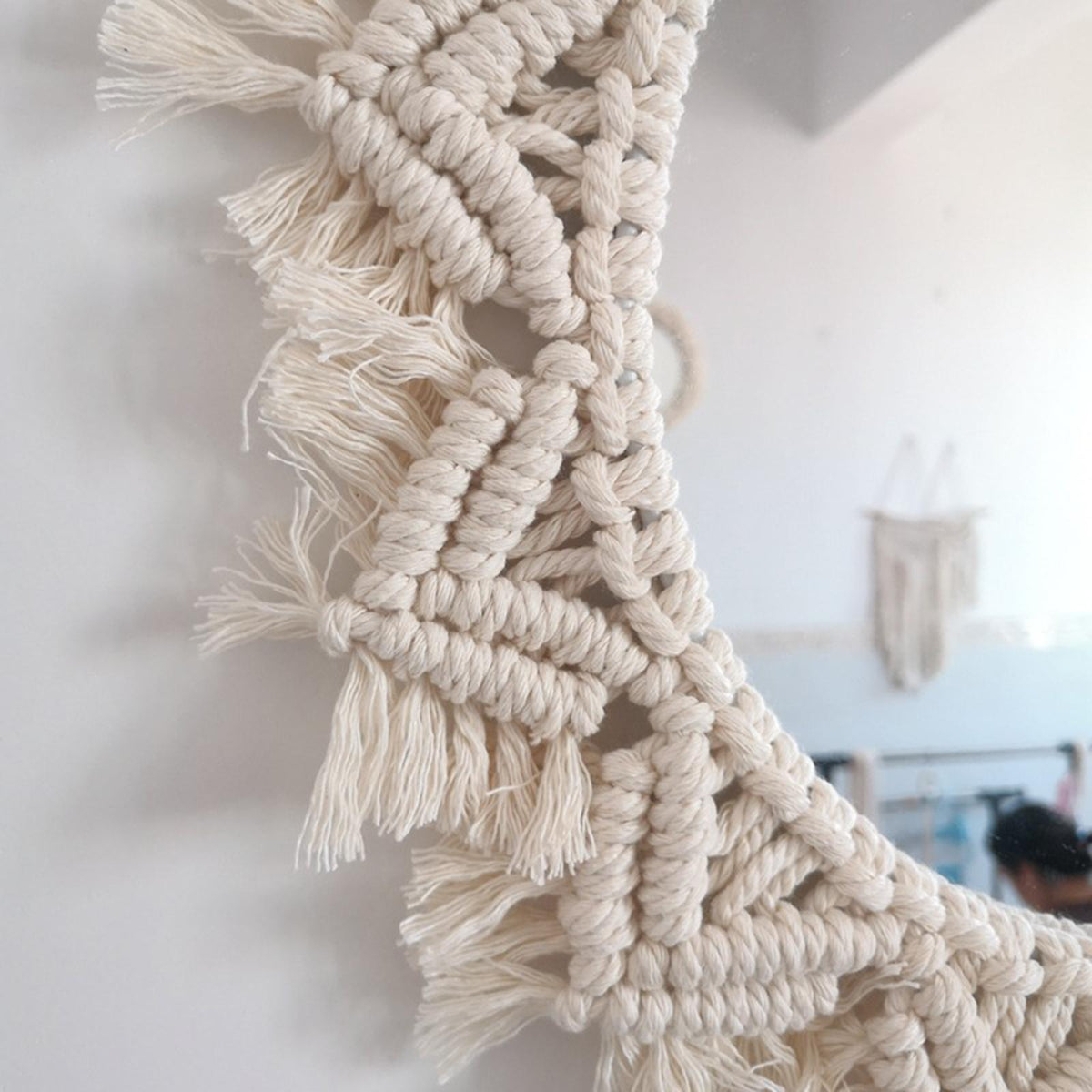 Maxbell  Hanging Wall Mirror Macrame Fringe Mirror Decor for Living Room Bedroom D
