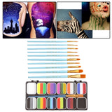 Maxbell 12 Grid Face Body Paint Set Washable with 10 Brushes for Halloween Costumes