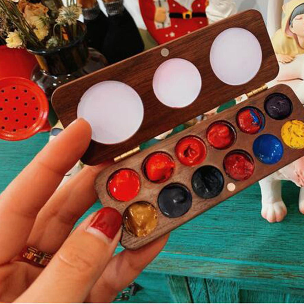 Maxbell Wood Palette Tray Wooden Paint Box, Paint Container Travel Paint Case Mixing 15 Grids