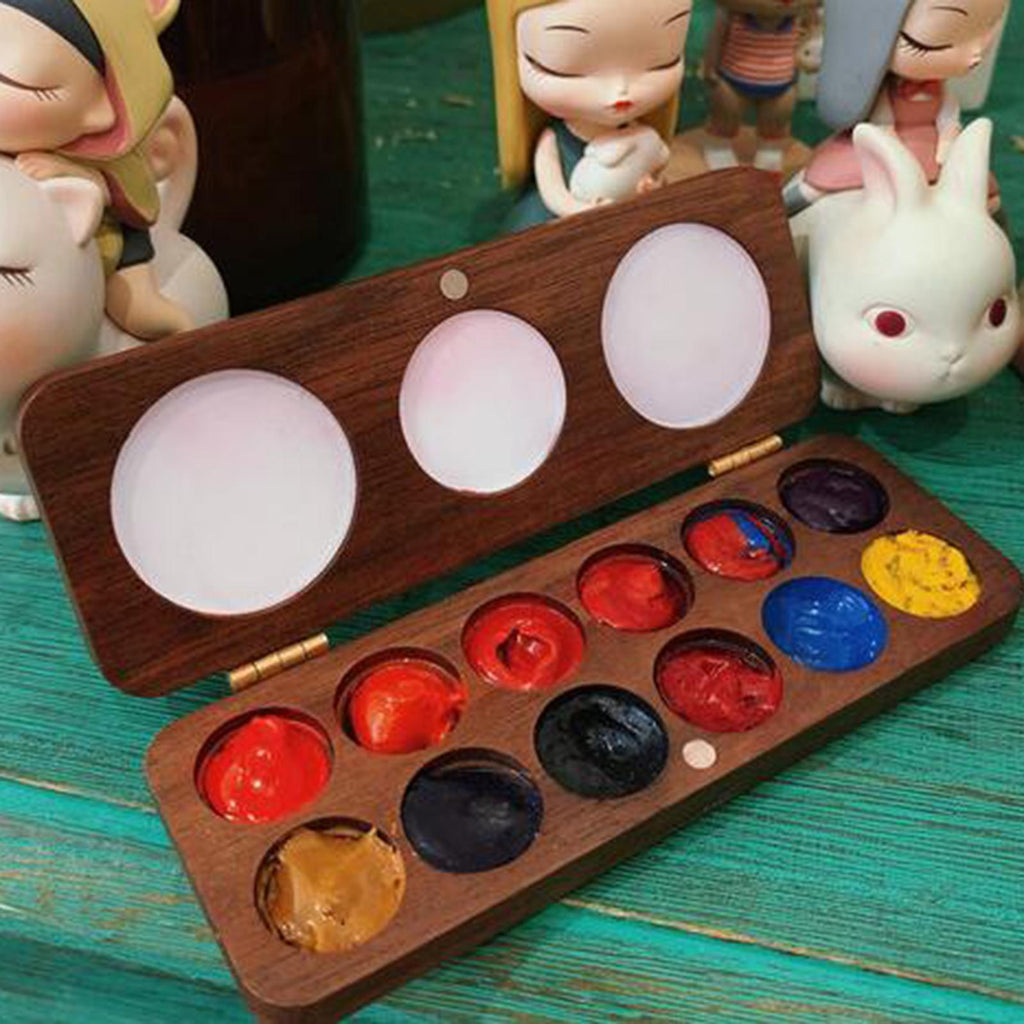 Maxbell Wood Palette Tray Wooden Paint Box, Paint Container Travel Paint Case Mixing 15 Grids