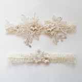 Maxbell 2 Pieces Bridal Garter Wedding Garter Flower Pattern for Birthday Banquet Beige