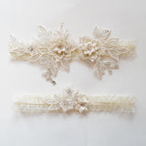 Maxbell 2 Pieces Bridal Garter Wedding Garter Flower Pattern for Birthday Banquet Beige