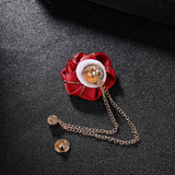 Maxbell Flower Brooch Badge Tassel Chain Suit Decor Elegant Rose Floral Boutonniere Red