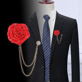Maxbell Flower Brooch Badge Tassel Chain Suit Decor Elegant Rose Floral Boutonniere Red