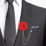 Maxbell Flower Brooch Badge Tassel Chain Suit Decor Elegant Rose Floral Boutonniere Red