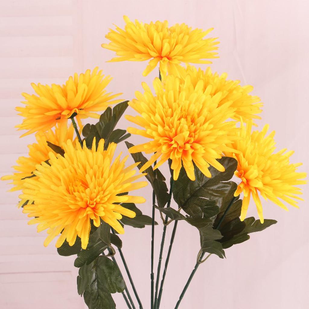 Artificial Chrysanthemums Bushes Flower Mum Bouquet Home Floral Decor Yellow