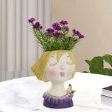 Maxbell Cute Girls Plant Pot Creative Resin Flowerpot for Indoor Outdoor Decor Purple