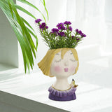 Maxbell Cute Girls Plant Pot Creative Resin Flowerpot for Indoor Outdoor Decor Purple