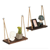 Maxbell 2 Set Wood Hanging Swing Rope Floating Shelf Rustic Wall Decor Brown