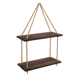 Maxbell 2 Tier Wood Hanging Swing Rope Floating Shelf Rack Rustic Wall Decor Brown