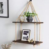 Maxbell 2 Tier Wood Hanging Swing Rope Floating Shelf Rack Rustic Wall Decor Brown