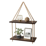 Maxbell 2 Tier Wood Hanging Swing Rope Floating Shelf Rack Rustic Wall Decor Brown