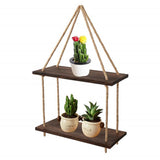 Maxbell 2 Tier Wood Hanging Swing Rope Floating Shelf Rack Rustic Wall Decor Brown