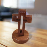 Maxbell Walnut Wood Cross Statue Decoration Artwork Sacred for Tabletop Memorial Round Base
