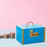 Maxbell Retro Wooden Piggy Bank Treasure Box with Handle Password Lock Organizer Blue