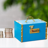 Maxbell Retro Wooden Piggy Bank Treasure Box with Handle Password Lock Organizer Blue
