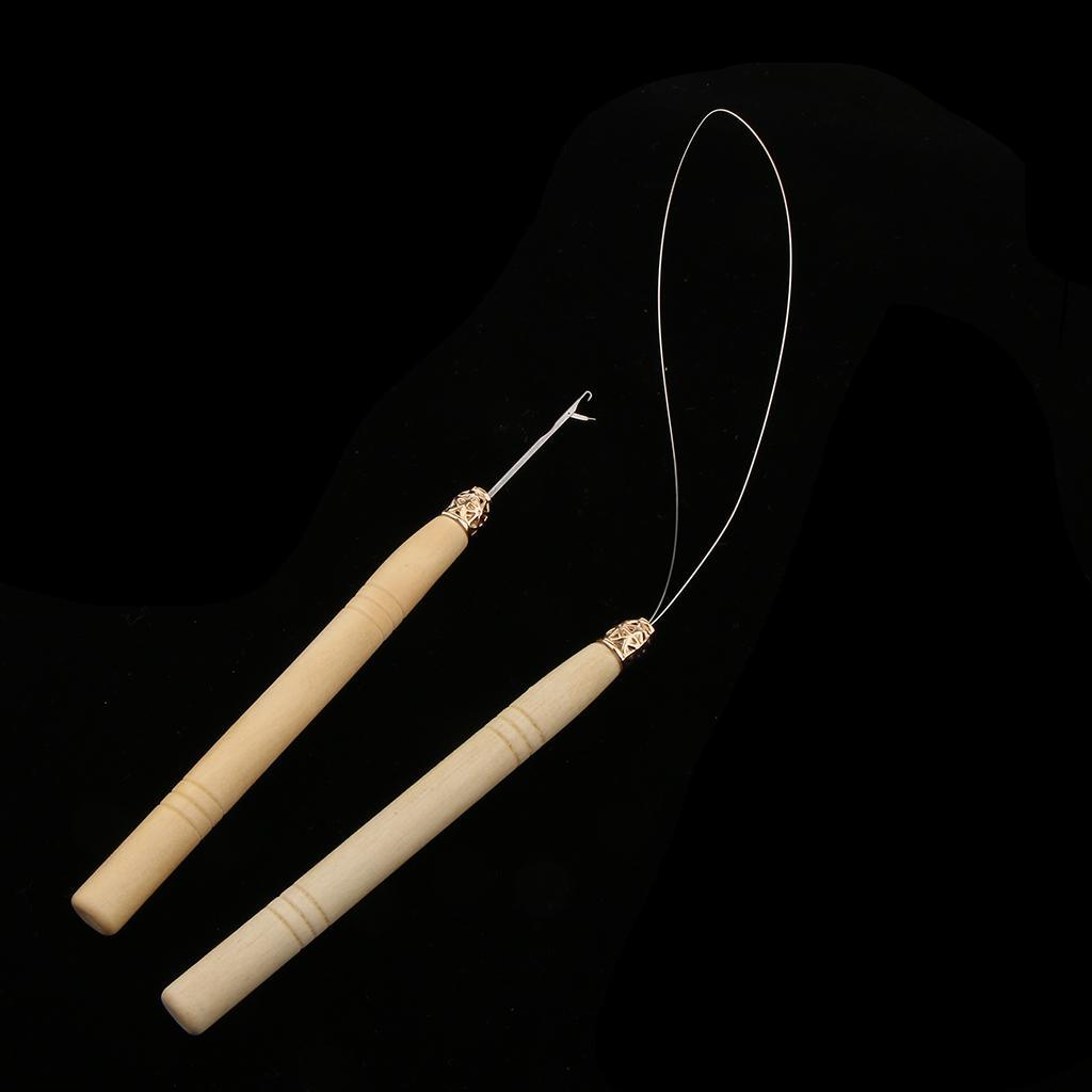 Hair Extension Tools Set Wood Hook Pulling Needle Loop Threader + 500 Micro Link Beads+ 10x Heat Shield Guards