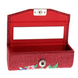 Max Makeup Lipstick Case Holder Lip Gloss Storage Mirror Embroidered Flax Wine Red