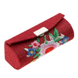 Max Makeup Lipstick Case Holder Lip Gloss Storage Mirror Embroidered Flax Wine Red