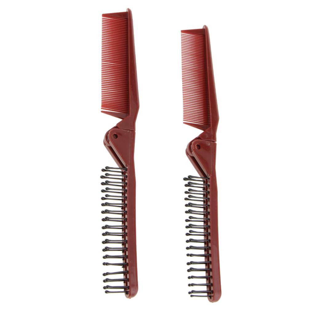 2Pcs Portable Small Travel Folding PVC Dual Wine Red Hair Brush Pocket Comb Anti-Static 8.4inch Length