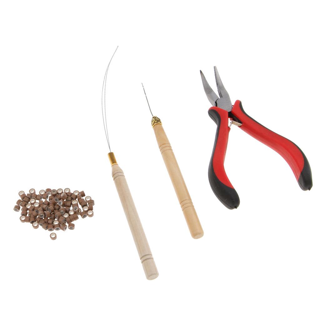 Hair Extensions Pliers Hook Tool Kit + 100pcs Silicone Micro Rings Loop 3mm Brown