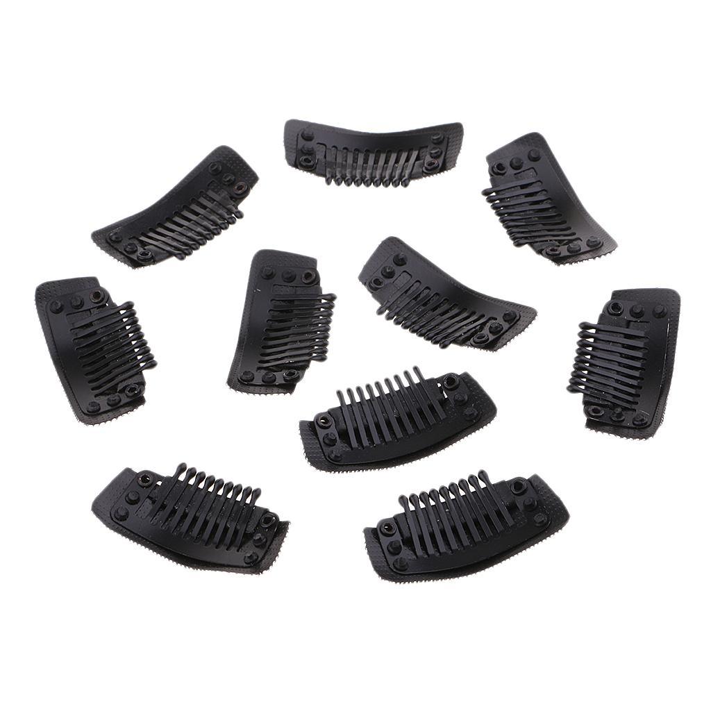 10 Pieces 9 Teeth Snap-Comb Wig Hair Extension Clips with Rubber Back Black
