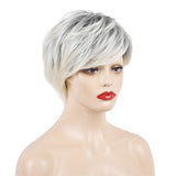 Maxbell Short Full Head Wig Beige Black Gradient Oblique Bangs Women Synthetic Wig