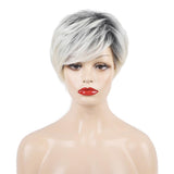 Maxbell Short Full Head Wig Beige Black Gradient Oblique Bangs Women Synthetic Wig