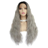Max Maxb 26 inch Natural Long Wave Synthetic Wig Front Lace Wig Heat Safe Wigs Black Gray