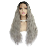 Max Maxb 26 inch Natural Long Wave Synthetic Wig Front Lace Wig Heat Safe Wigs Black Gray