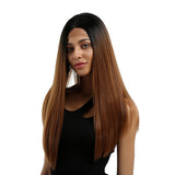 Maxbell 16 inch Natural Long Synthetic Wig Wave Front Lace Wig Heat Safe Wigs Brown Straight
