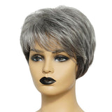 Max 8'' Natural Short Straight Wigs Human Hair Pixie Cut Wig for Women w/Bangs Black Gray