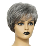 Max 8'' Natural Short Straight Wigs Human Hair Pixie Cut Wig for Women w/Bangs Black Gray