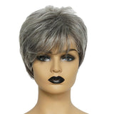 Max 8'' Natural Short Straight Wigs Human Hair Pixie Cut Wig for Women w/Bangs Black Gray
