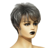 Max 8'' Natural Short Straight Wigs Human Hair Pixie Cut Wig for Women w/Bangs Black Gray