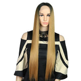 Max 24" Women Middle Part Long Straight Hair Lace Front Synthetic Wig Golden
