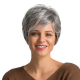 Maxbell 10" Short Wig for Women Real Human Hair Pixie Cut Chic Wig w/Side Bangs Gray