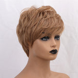 Maxbell 10'' Short Pixie Cut Curly Wig Women Human Hair Layered Wavy Wig Light Brown