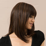 Maxbell 14'' Elegant Women Human Hair Brown Long Straight Daily Wig with Neat Bangs
