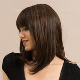 Maxbell 14'' Elegant Women Human Hair Brown Long Straight Daily Wig with Neat Bangs