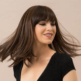 Maxbell 14'' Elegant Women Human Hair Brown Long Straight Daily Wig with Neat Bangs