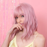 Maxbell 12'' Women Shoulder Length Natural Curly Wavy Wigs Pink Cosplay Anime Wigs